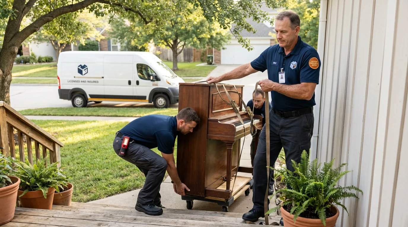 Licensed piano movers securing grand piano in Temple, GA