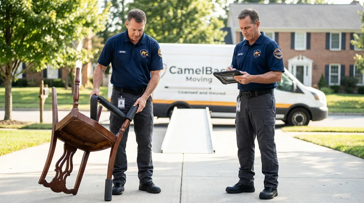 Movers inspecting furniture for damage prevention before loading in Temple, GA
