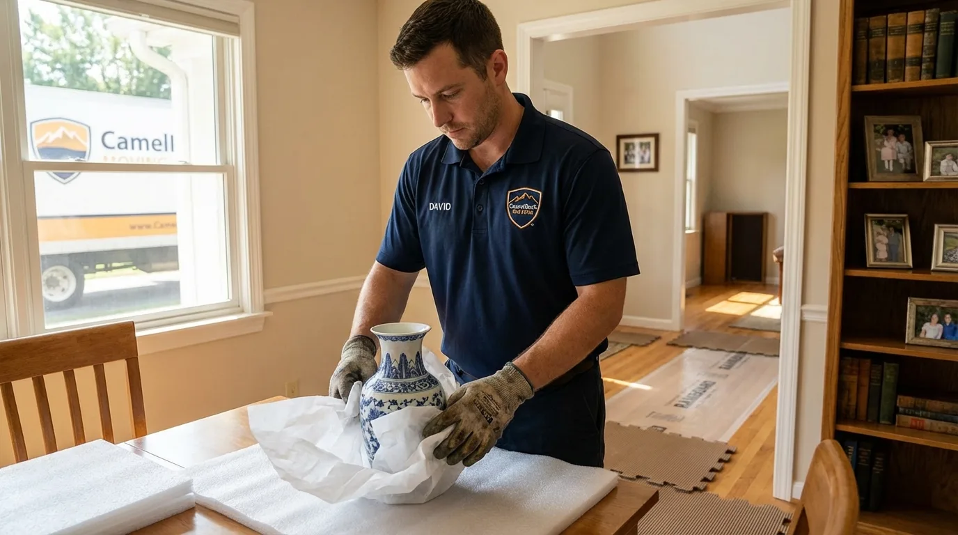 Professional crew carefully wrapping antique vase for senior downsizing move in Temple, GA